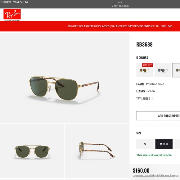 Ray Bans RB 3688 Square Gold Frame with Green Lens - Picture 2 of 3